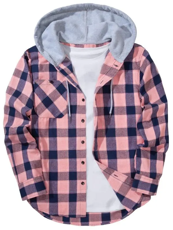 Men's Plaid Print Button Front Drawstring Hooded Shirt, Regular Fit Casual Pocket Long Sleeve Outerwear