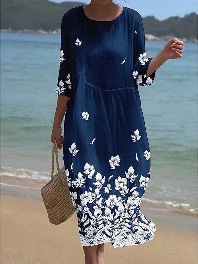 Women's Casual  Round Neck Mid Sleeve Print Cotton and Linen Dress- Fast Shipping