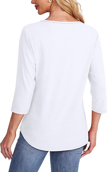 🔥Women’s Pleated 3/4 Sleeve Blouse – Loose Fit Curved Hem Casual Top