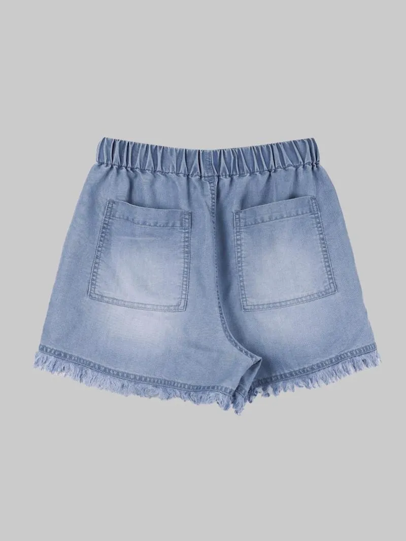 Women's Plain Drawstring Waist Denim Shorts, Casual Fashion Pocket Shorts for Daily Wear
