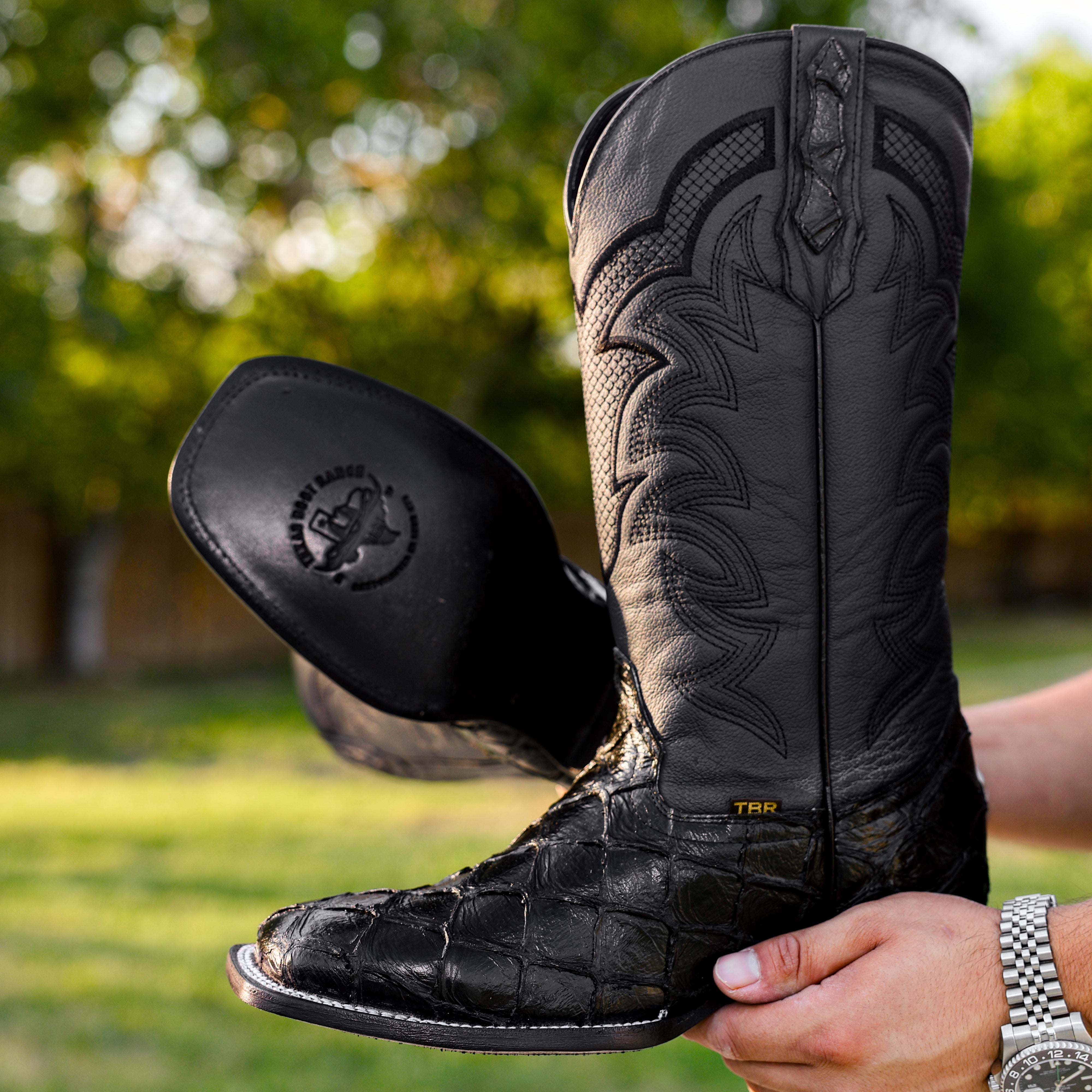 Black Pirarucu Leather Boots - Square Toe