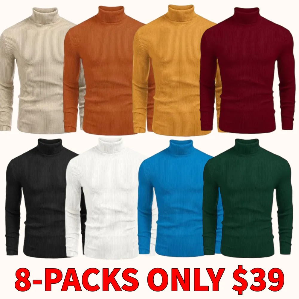 Men's winter knitted ribbed turtleneck/mock neck slim-fit basic sweater