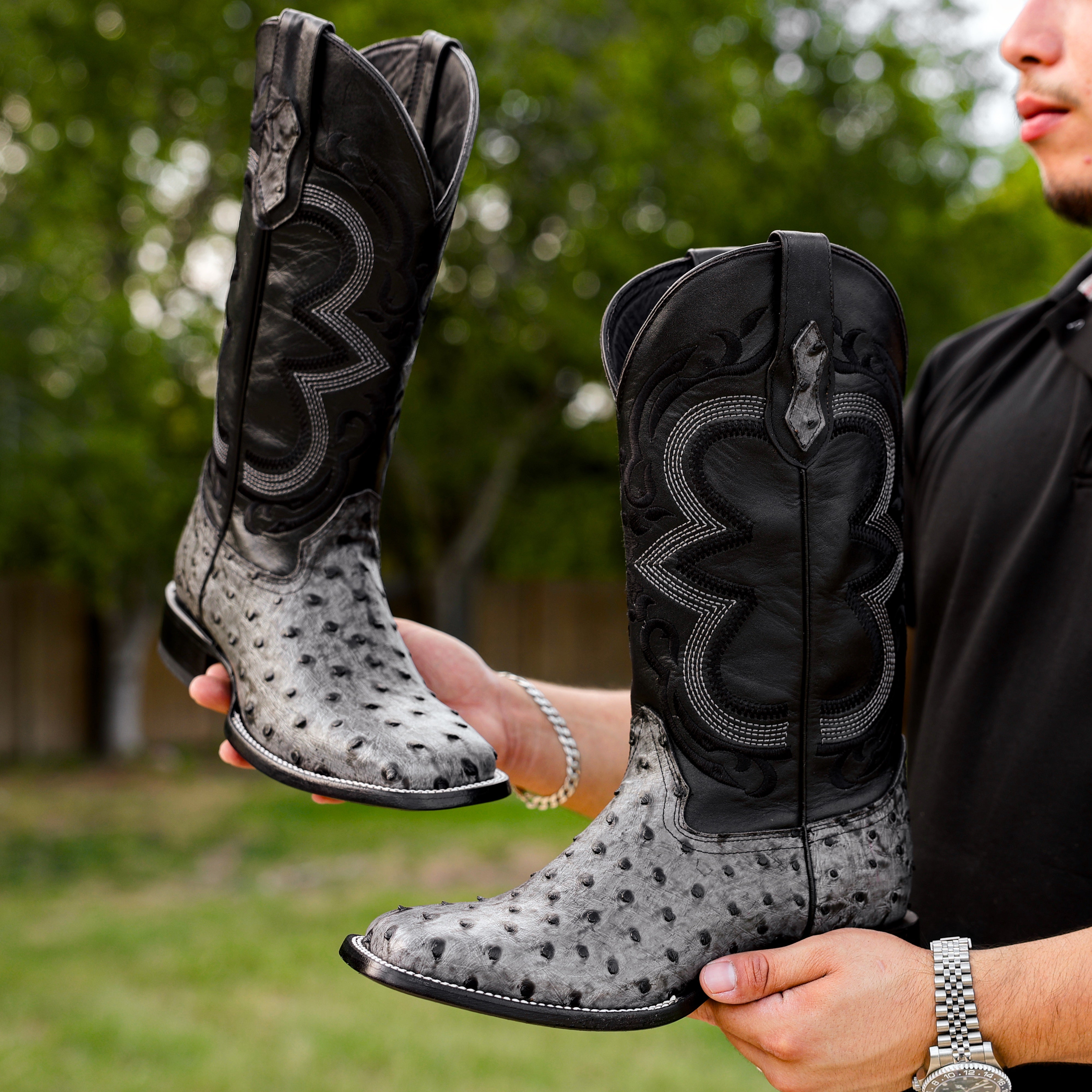 Grey Ostrich Leather Boots - Square Toe