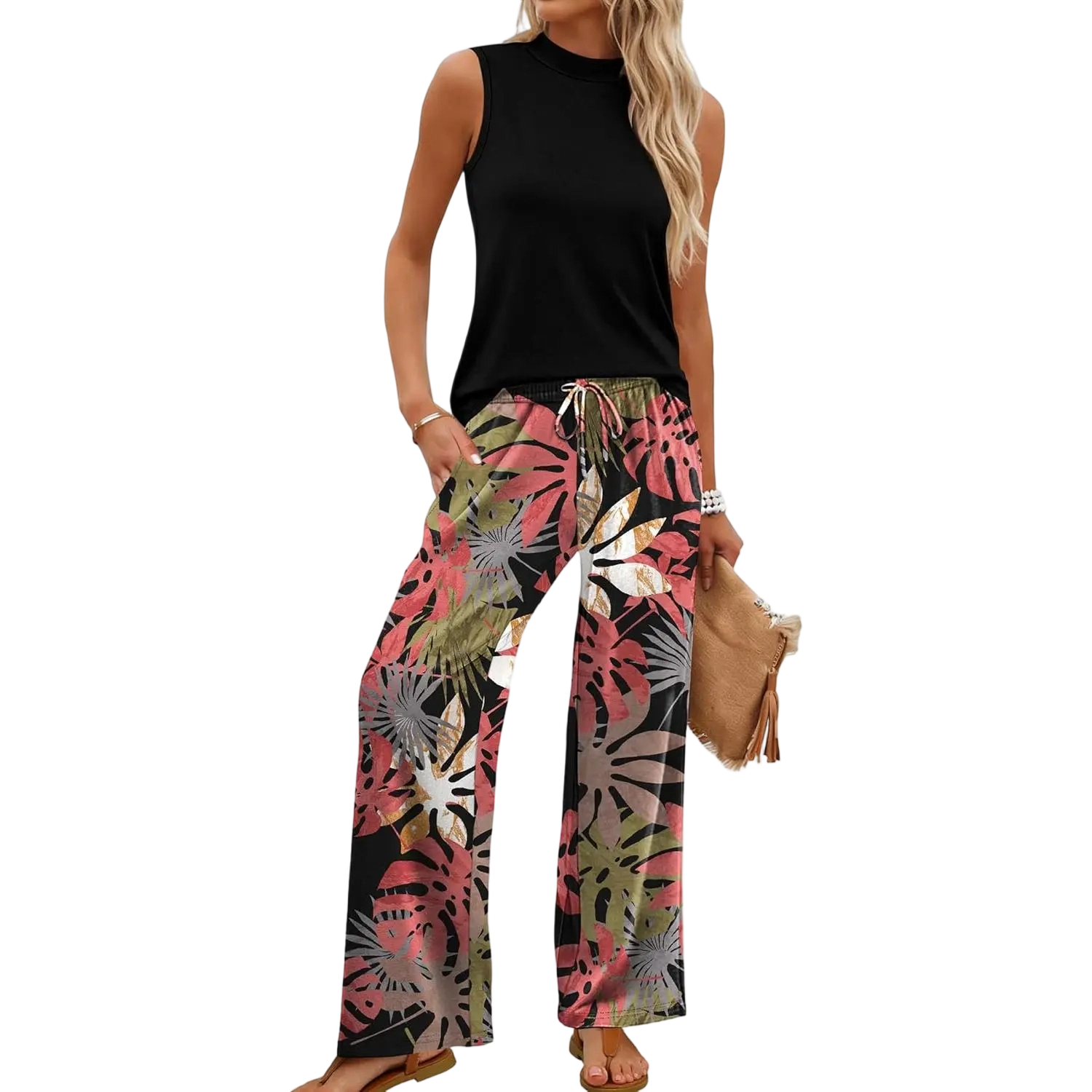 Two Piece Set for Women Summer Spring Outfits Cruise Travel Airport Beach Vacation Mock Neck Wide Leg Pants Set