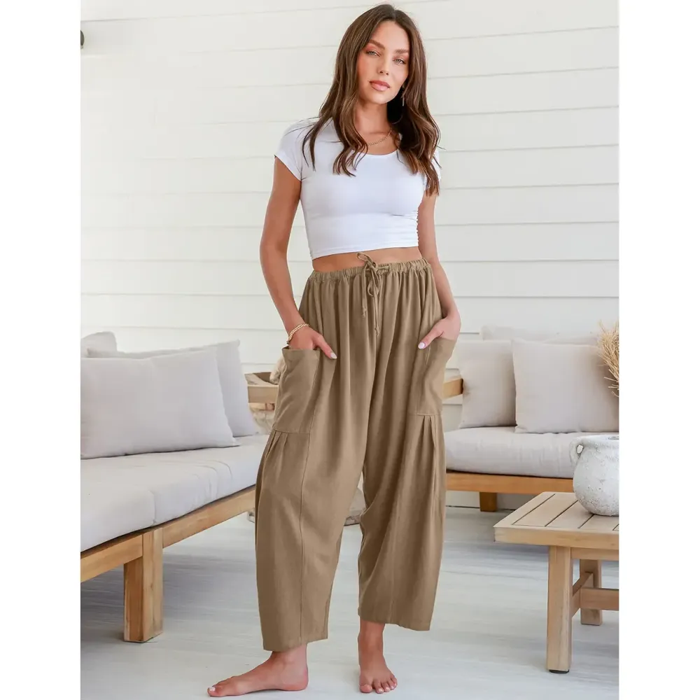 Womens Linen Wide Leg Pants Oversize Casual Loose Fit Beach Palazzo Harem Pants