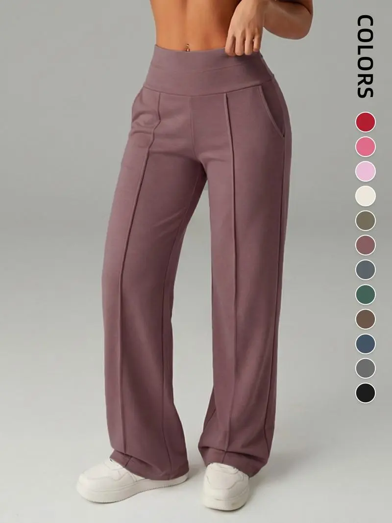 Women's Plain Loose Straight Leg Pants, Wide Leg High Waist Sporty Casual Sweatpants with Pockets