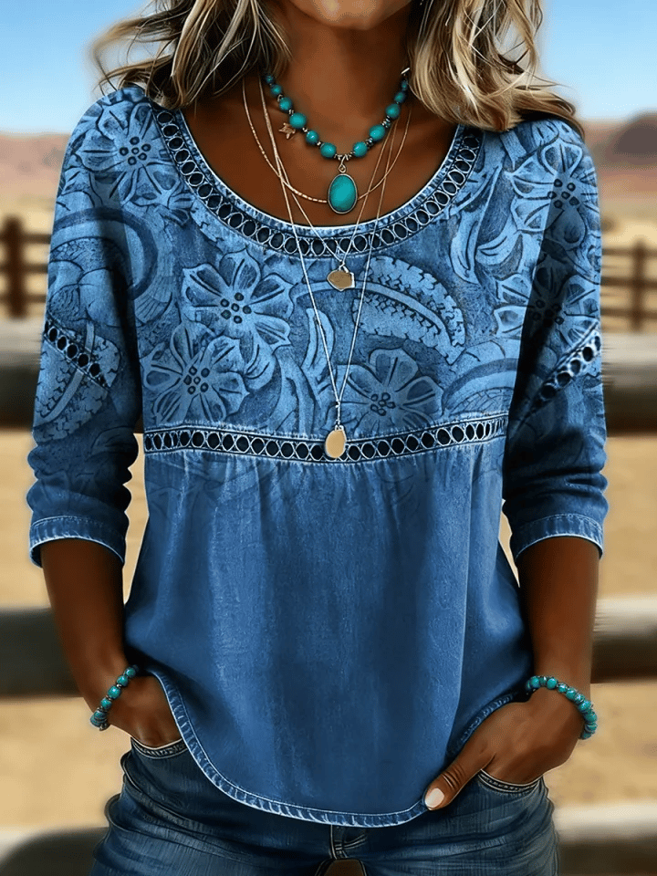 Women's Casual Western Floral Print Cotton Linen Hollow-Out Top