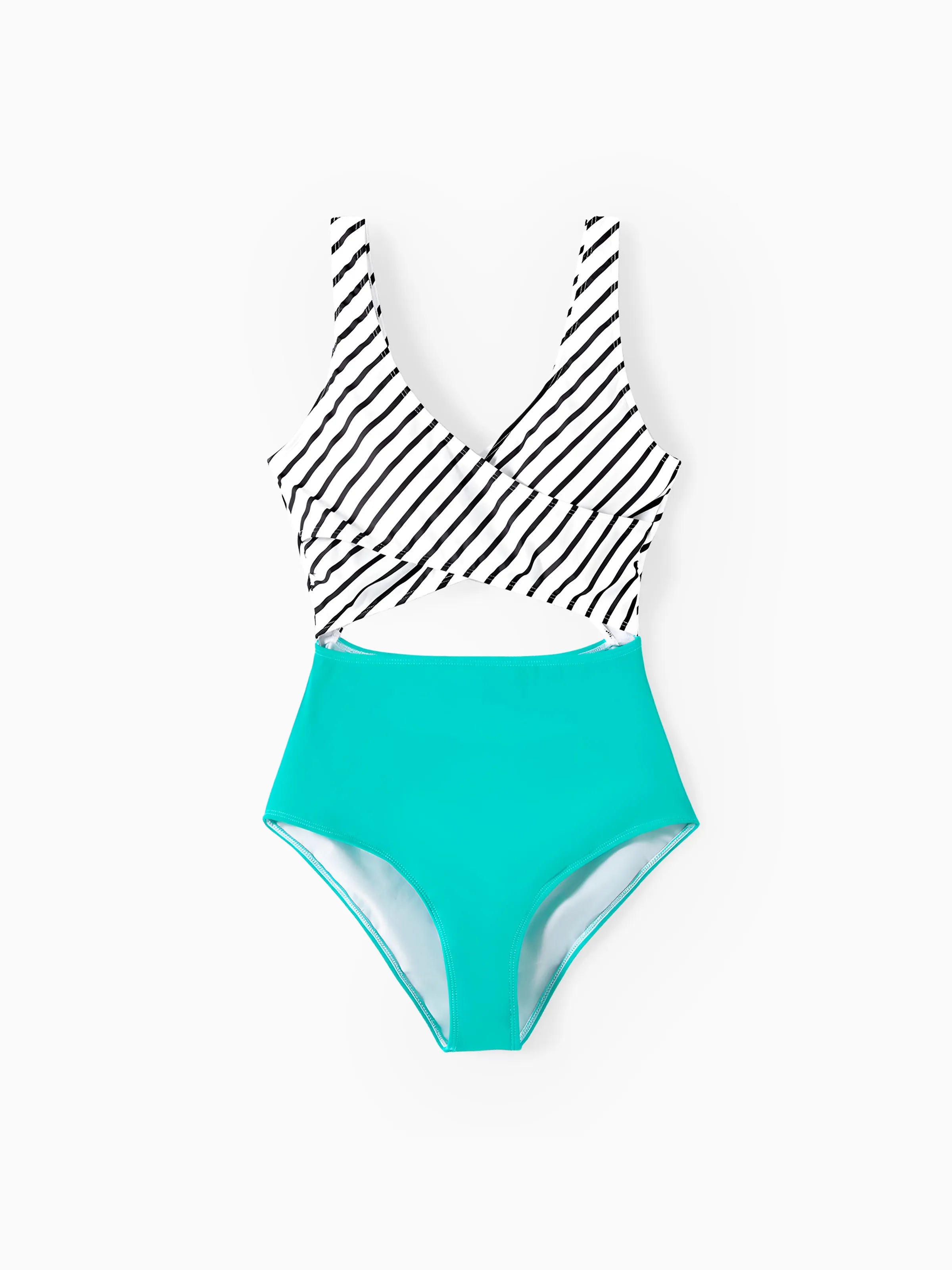 Family Matching Striped Spliced Cut Out One-piece Swimsuit and Colorblock Swim Trunks Green/White