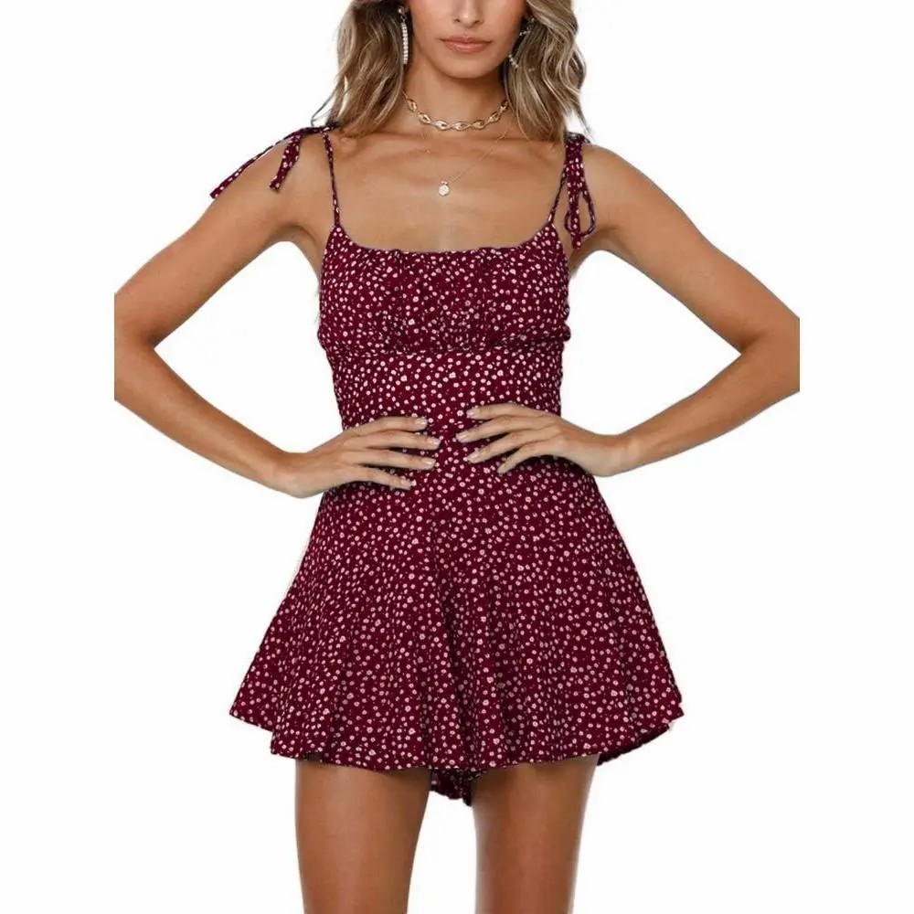Women's Boho Floral Wide Leg Short Romper – Spaghetti Strap Smocked Jumpsuit