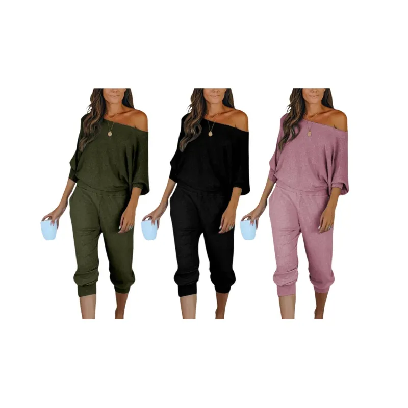 Women's 2-Piece Set Ribbed Knit Off Shoulder Tops Lounge Pants Tracksuit