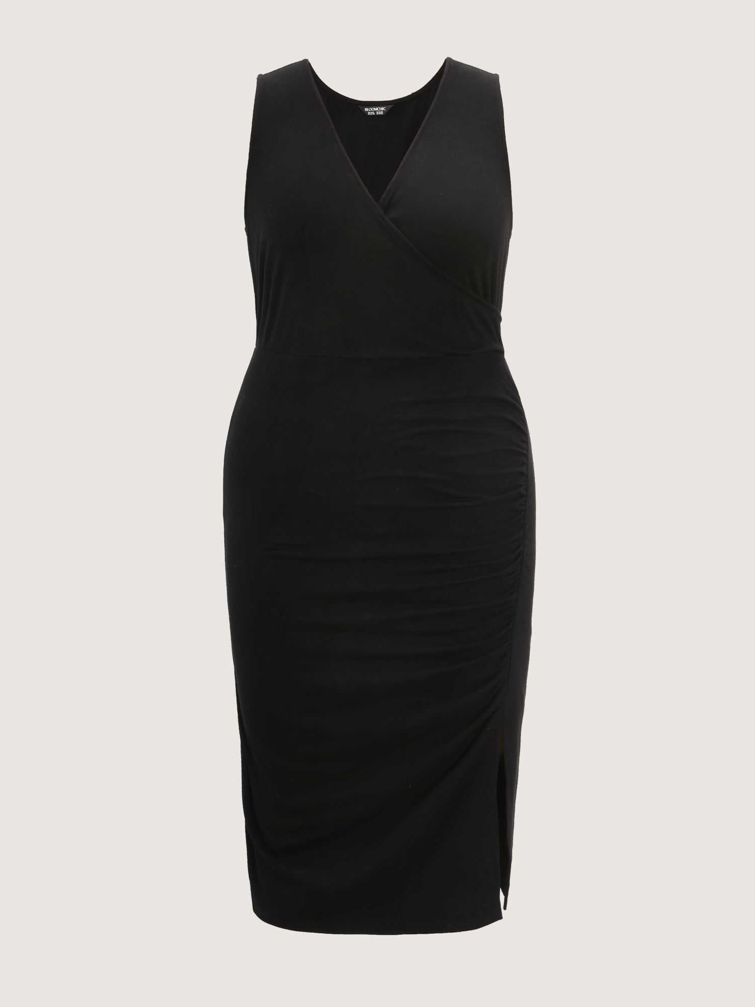 Ruched Side Slit V-Neck Midi Dress
