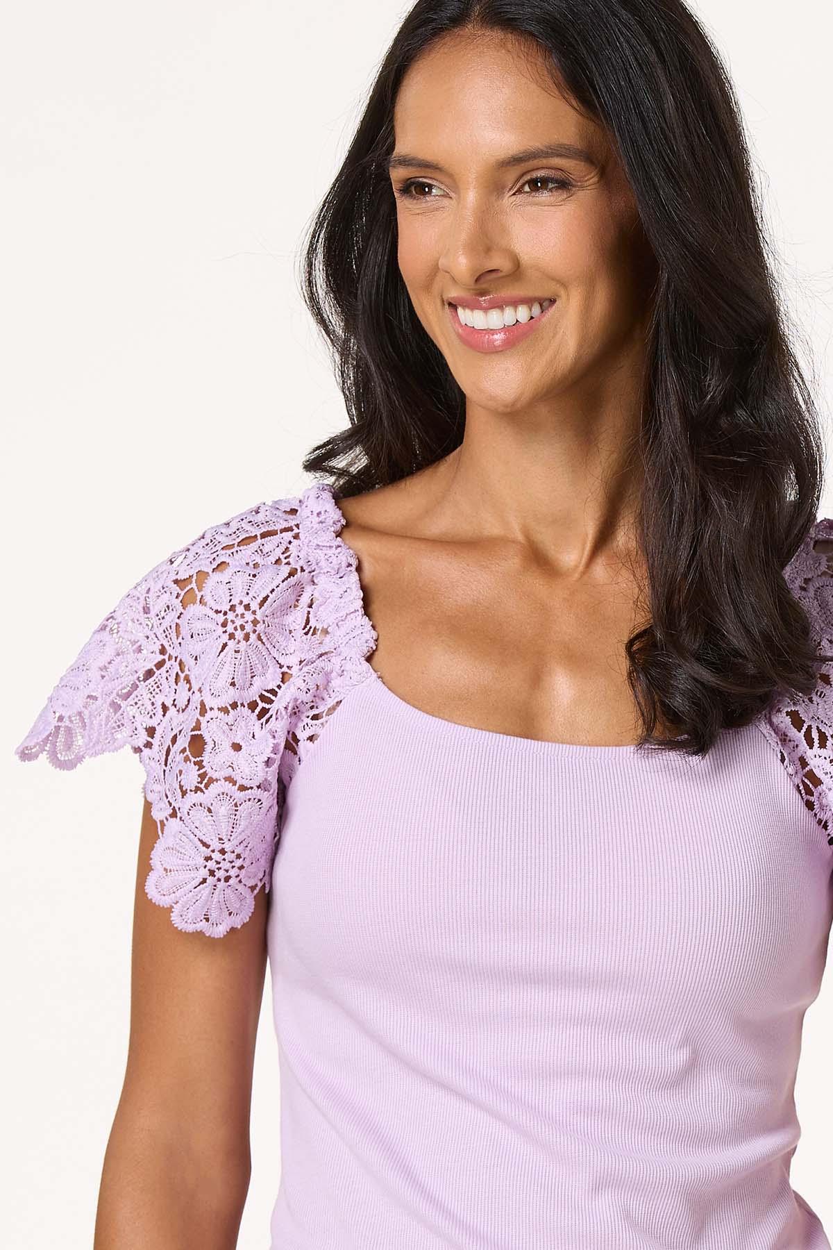 Lace Sleeve Ribbed Top