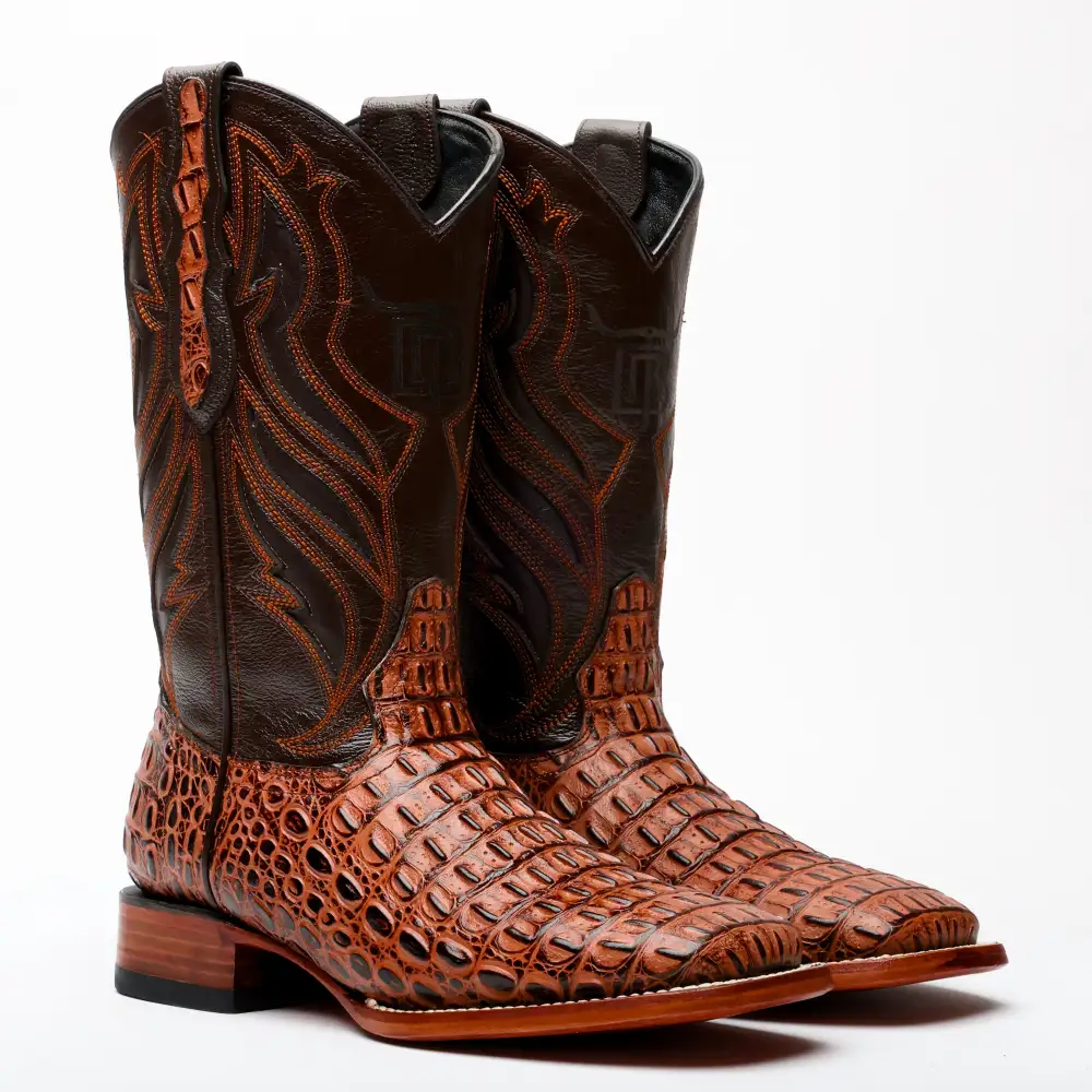 Cognac Caiman Hornback Leather Boots - Square Toe