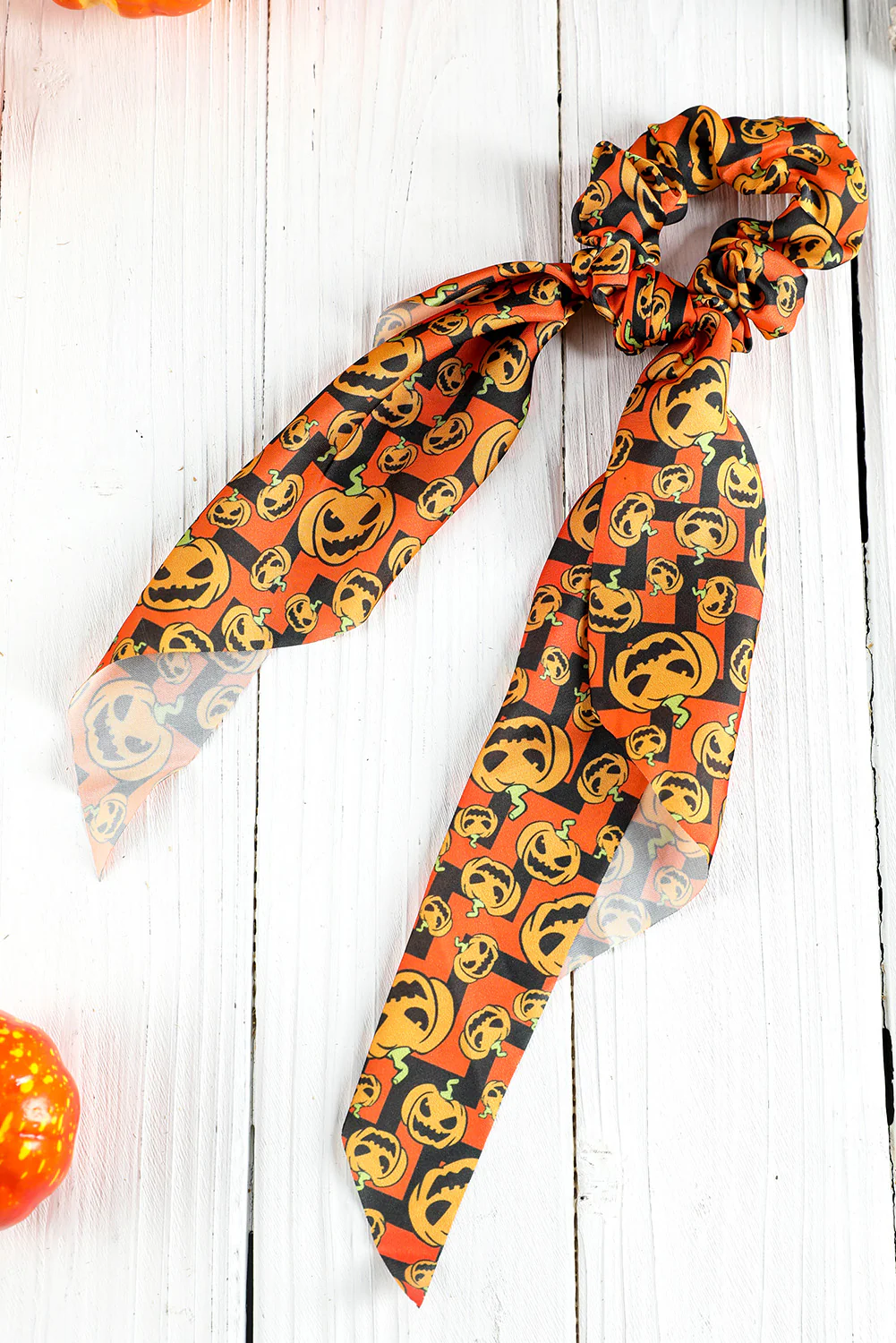 Orange Halloween Pumpkin Face Printed Satin Scrunch Hair Tie