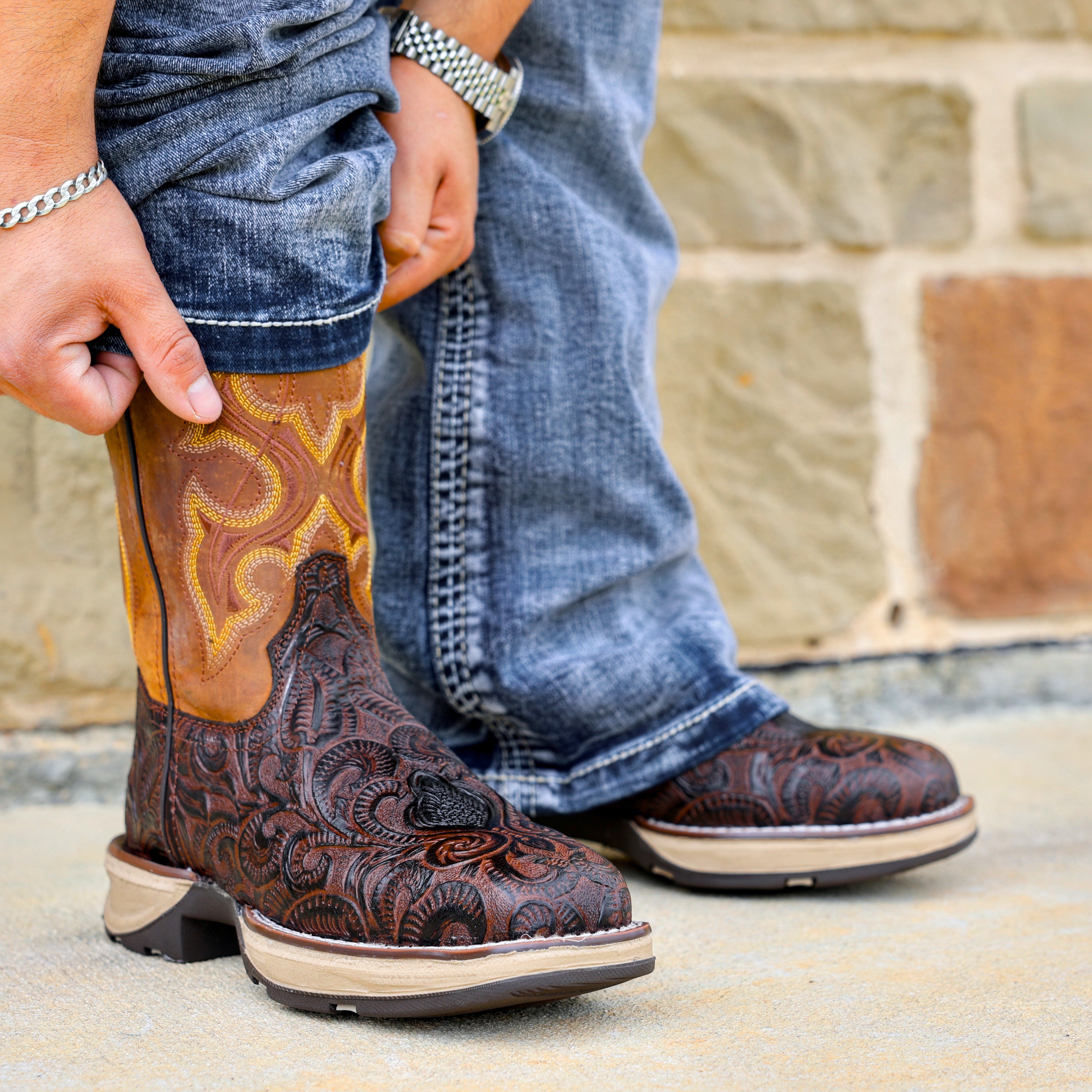Brown Hand-Tooled Leather Boots With 3D Lightweight Sole - Composite Toe