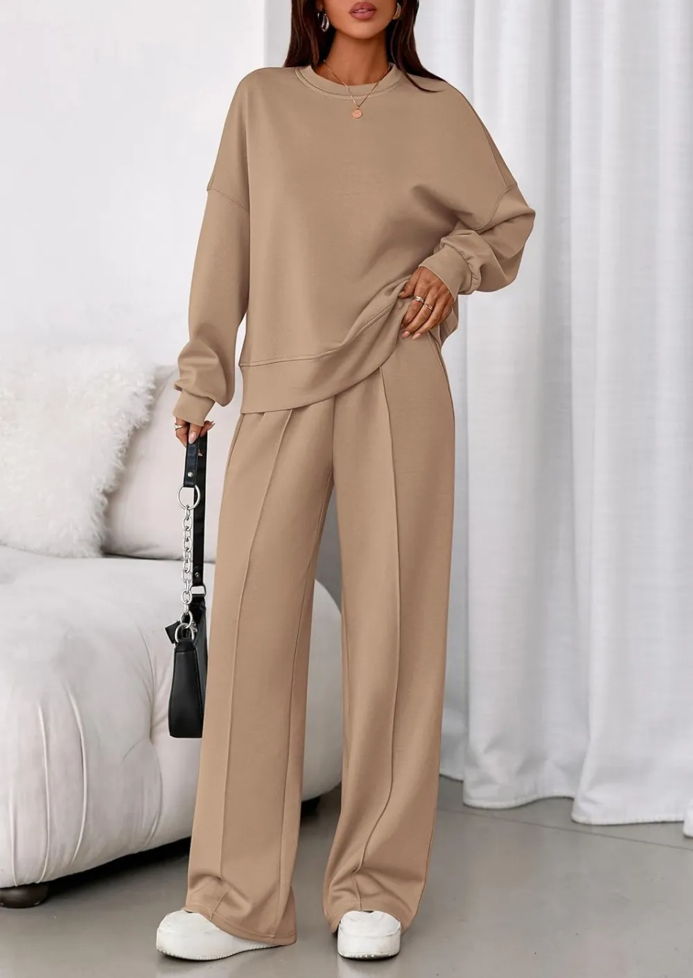 2 Piece Sets For Women Fall Trendy Long Sleeve Sweatshirt Wide Leg Pants Loungewear Set