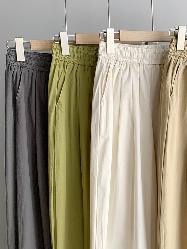Elasticity Pleated Solid Color Split-Joint High Waisted Loose Trousers Pants
