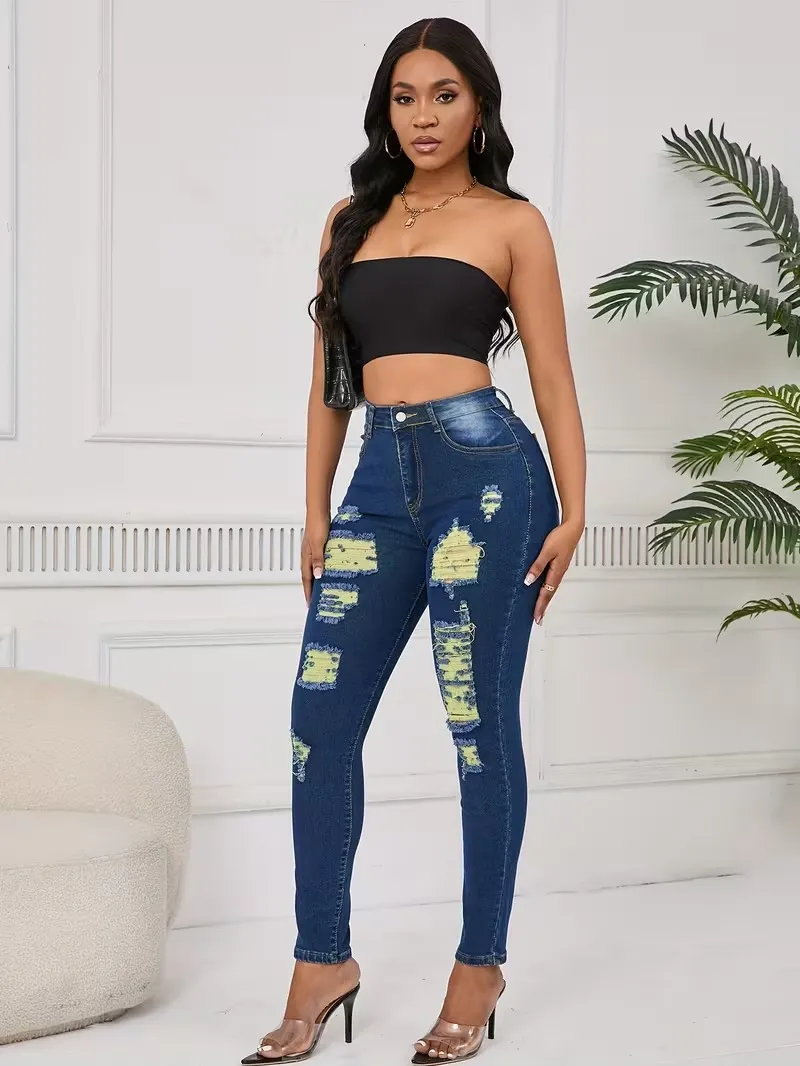 Women's Fashion Yellow Ripped Distressed Skinny Jean Slim Fit Denim Pants
