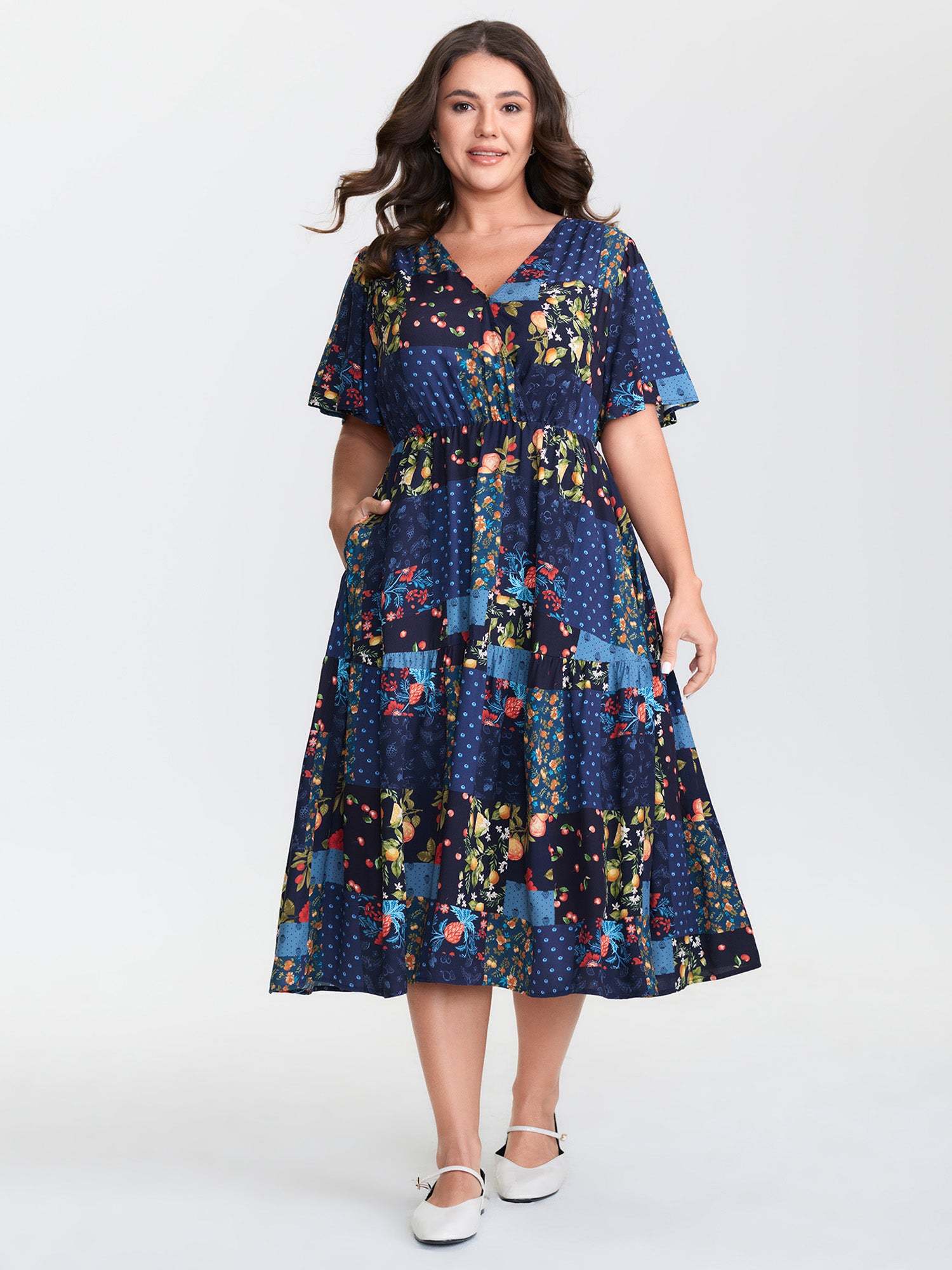 Fruit Collage Print Wrap Neck Midi Dress