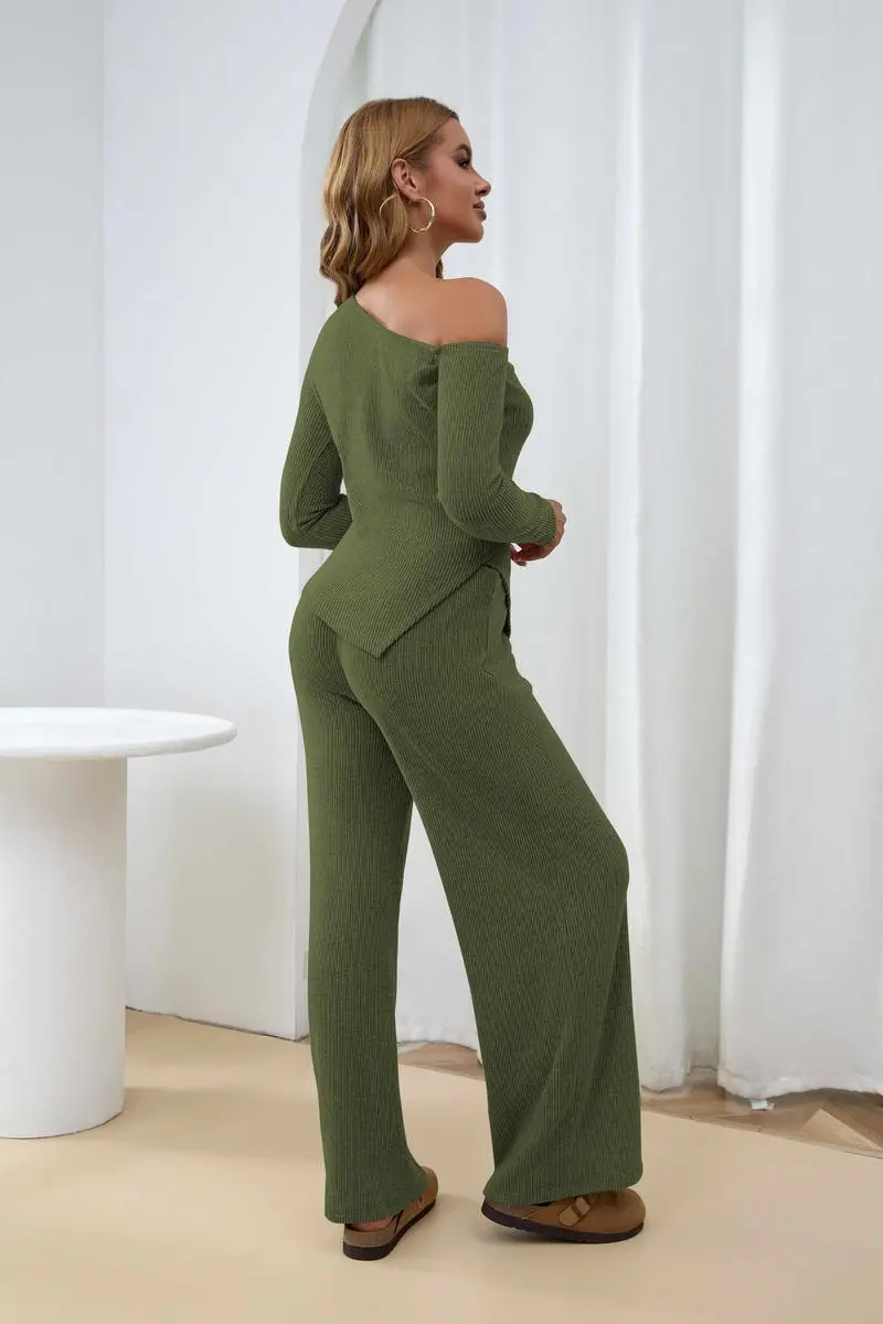 Chic Sherpa Set for Women Asymmetric Shoulder Top & High Waist Wide Leg Pants