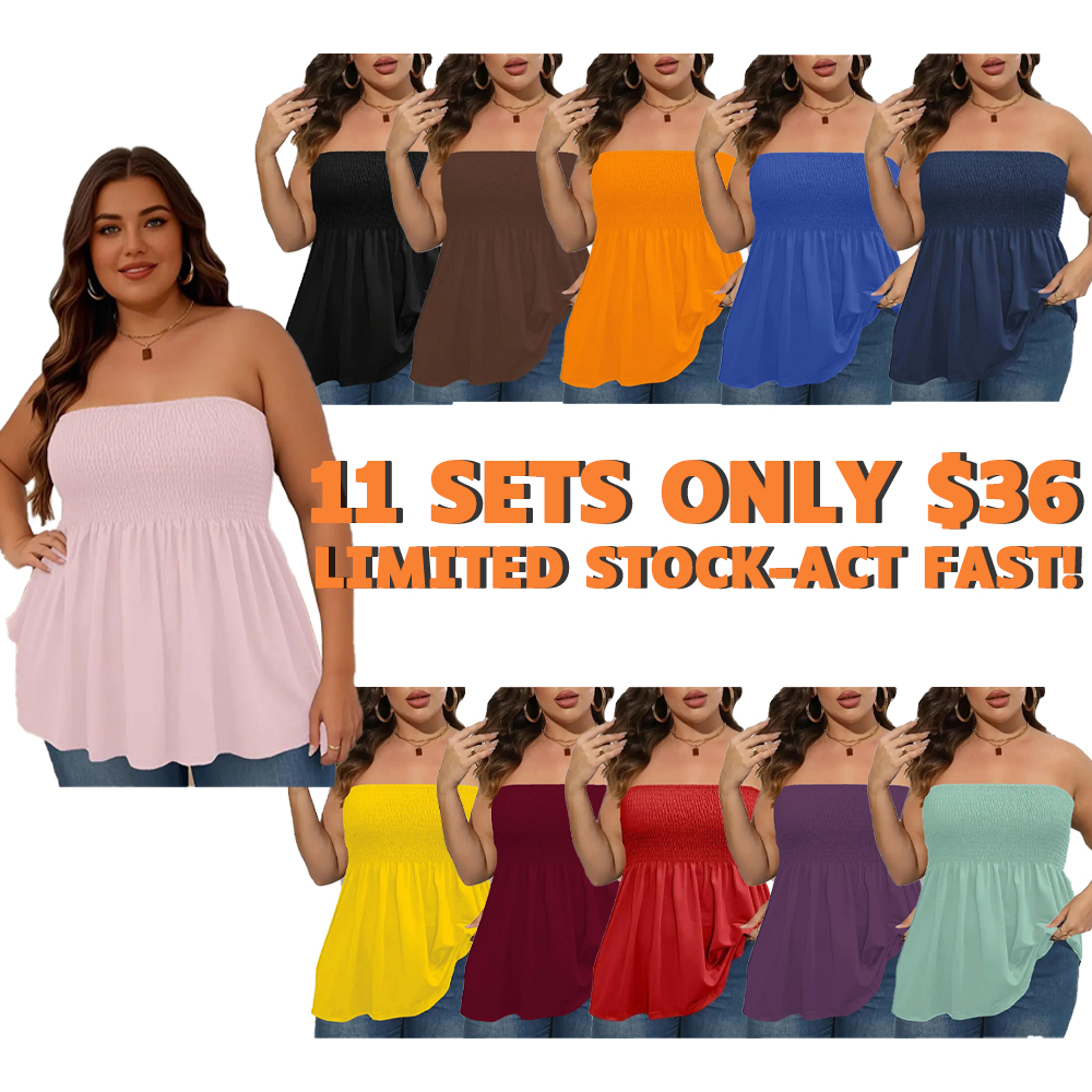 🔥🔥6 PACKS $24|Plus Size Solid Ruffle Hem Shirred Tube Top
