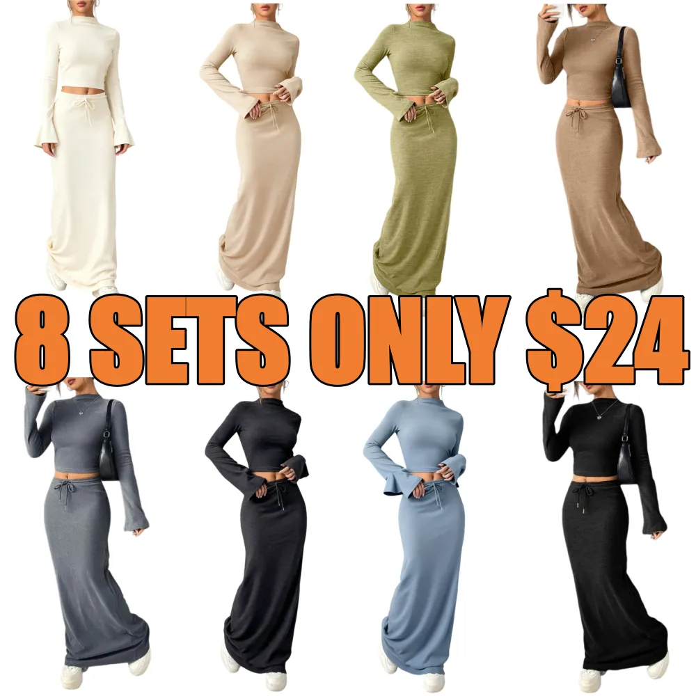 Women Flounce Sleeve Crop Tee Skirt Two-piece Set