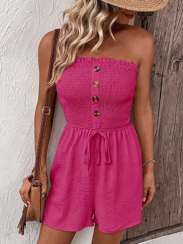 Buttoned Drawstring Elasticity Pockets Split-Joint Loose Plus Size Tube Rompers