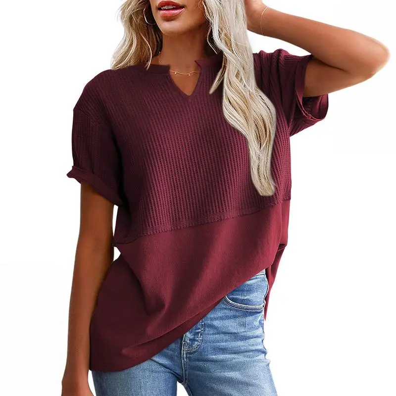 2026 Spring/Summer Cozy Oversized Waffle Knit V-Neck Top Women's Short Sleeve Pullover