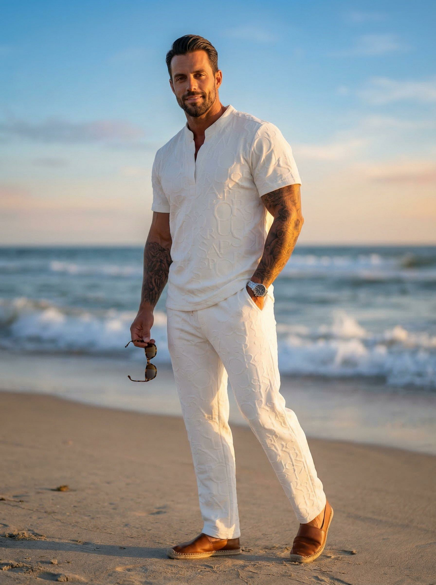 Men's Textured Letter-Embossed T-Shirt & Drawstring Waist Trousers Set