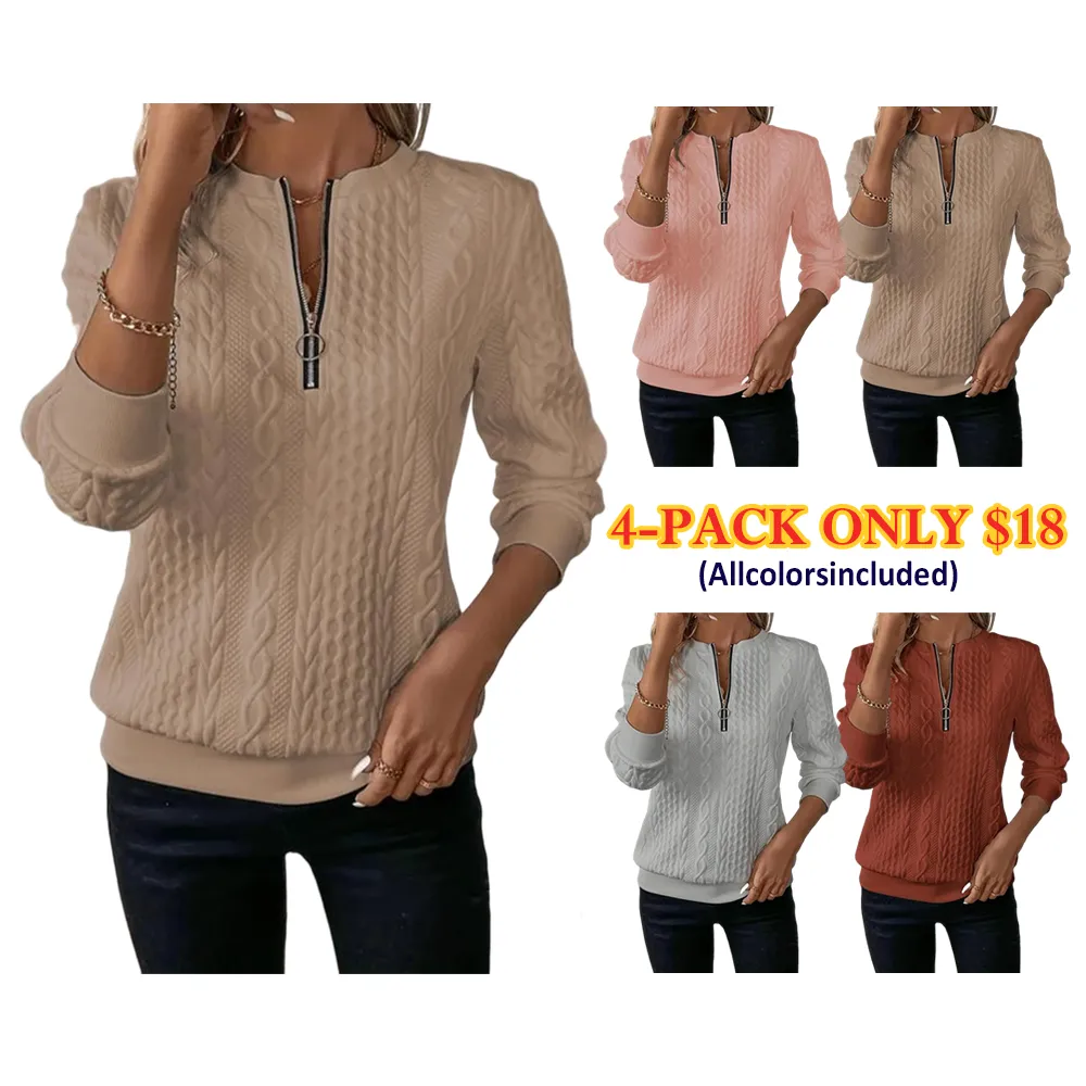 Women'S Plain Textured Half Zip Up Sweatshirt