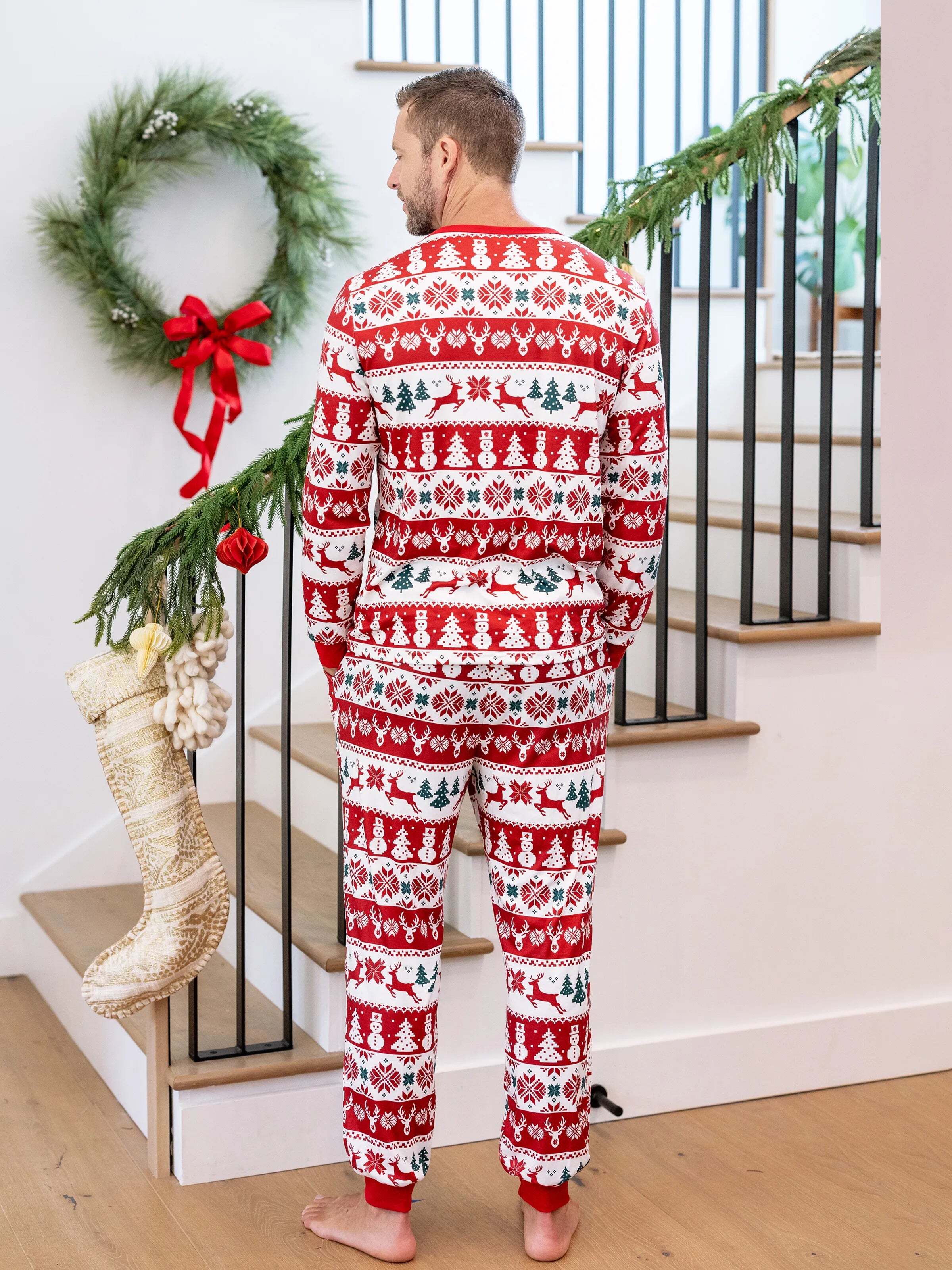 Christmas Matching Family Pajamas Set Reindeer and Snowman Print Red Long-sleeve PJS with Christmas Socks Red
