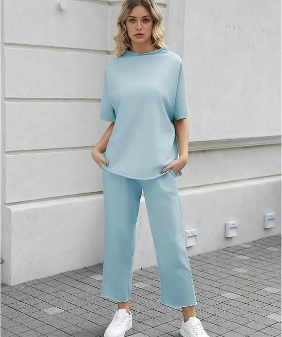 Women's 2 Piece Outfits Lounge Set 3/4 Batwing Sleeve Capelet Crew Neck Pullover Tops Wide Leg Pants
