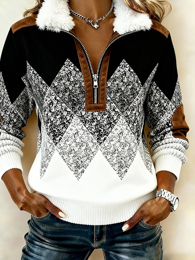 Women'S Casual Loose Color-Blocked Print Sweatshirt