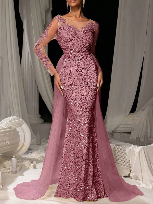 Sequinned Flower Lace Mesh Splicing Long Sleeves Mermaid Evening Maxi Dresses