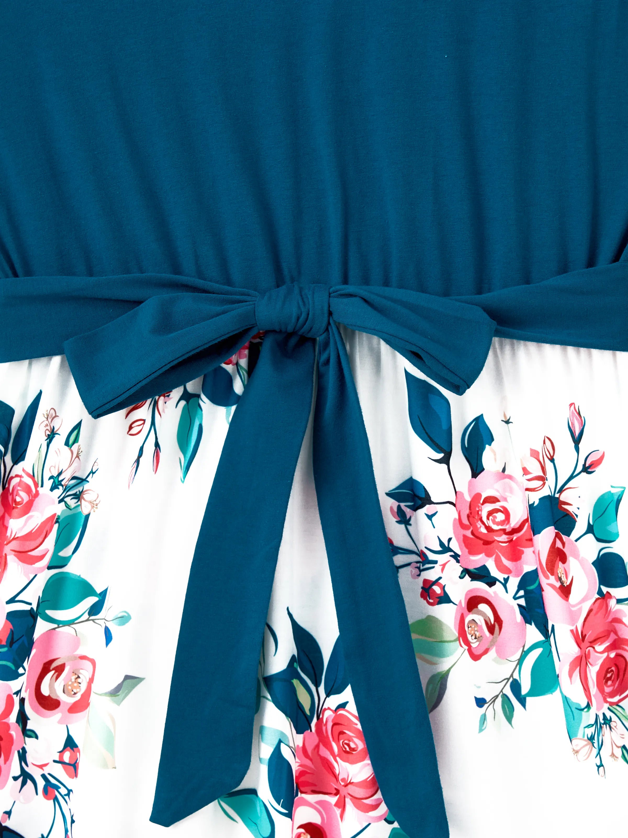 Family Matching Solid V Neck Flutter-sleeve Splicing Floral Print Dresses and Short-sleeve Colorblock T-shirts Sets Azure-