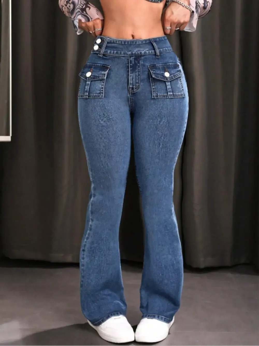 Women's Pocket Leg Stretchy Jeans, Flared High Waist Casual Comfy Bell Bottom Denim Trousers for Daily Wear, Ladies Bottoms for All Seasons