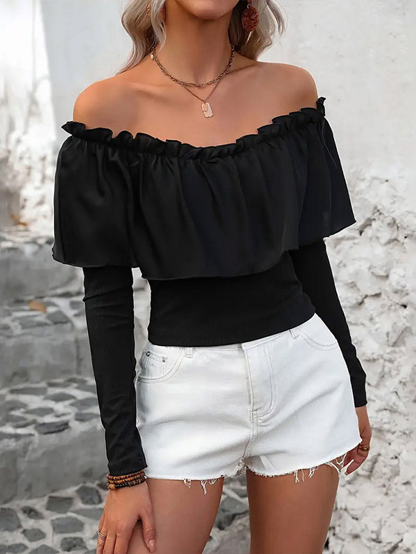 Pleated Solid Color Split-Joint Long Sleeves Skinny Off-the-shoulder T-Shirts Tops