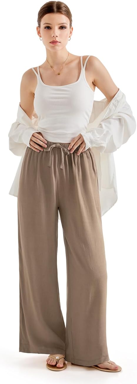 Women’s Wide Leg Linen Palazzo Pants – High Waist Lounge Pants with Pockets