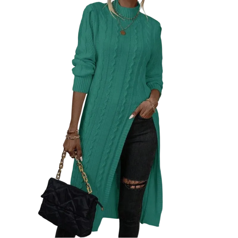Sweater Mock Neck Split Hem Cable Knit Longline for Fall