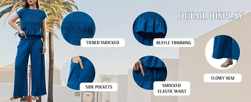 Casual Boho Matching Set Smocked Top & Wide-Leg Pants