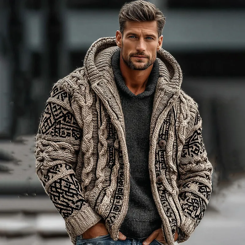 Men's Viking Tribal Art Jacquard Cozy Cardigan Sweater