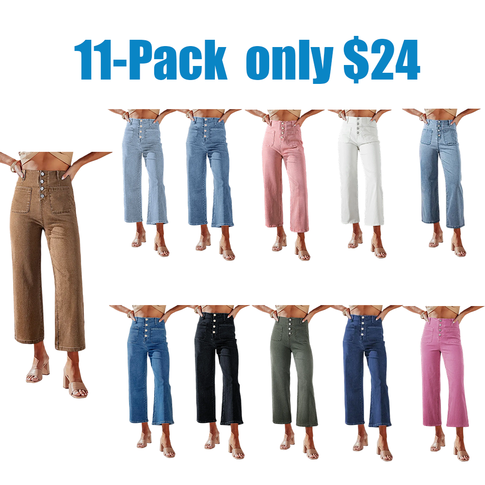 Women's Wide Leg Jeans High Waisted  Stretchy Straight Leg Jeans Buttoned Loose Denim Pants with Pocket