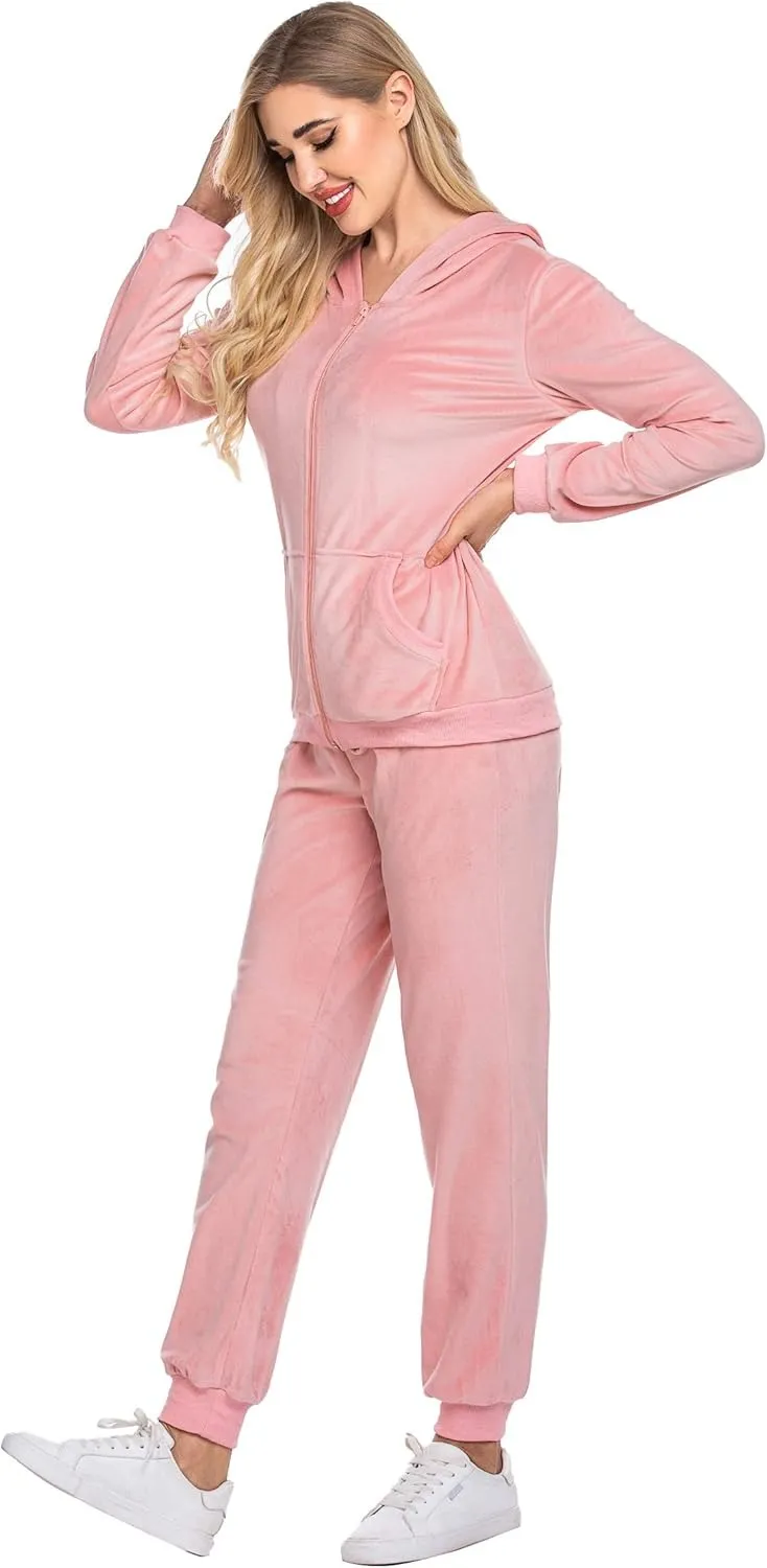 Women's Casual Velour Tracksuit Set Full Zipper Hoodie
