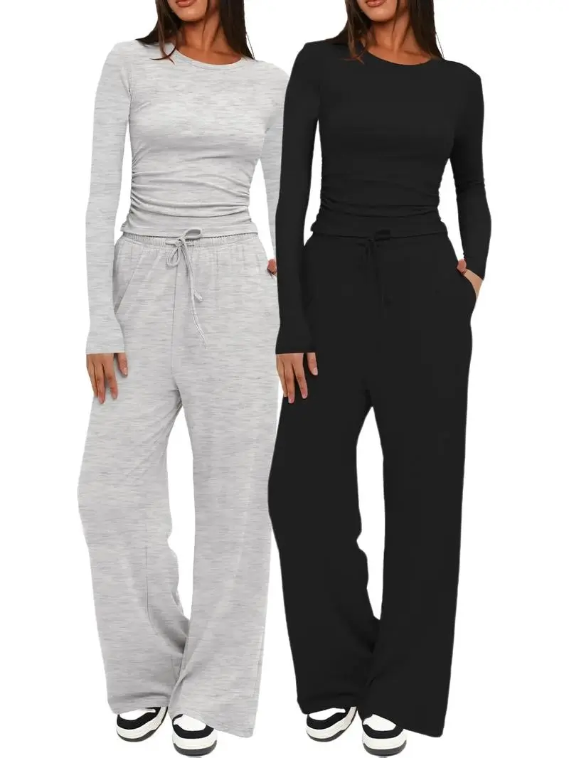 Women's Solid Ruched Tee & Drawstring Pocket Pants Lounge Set