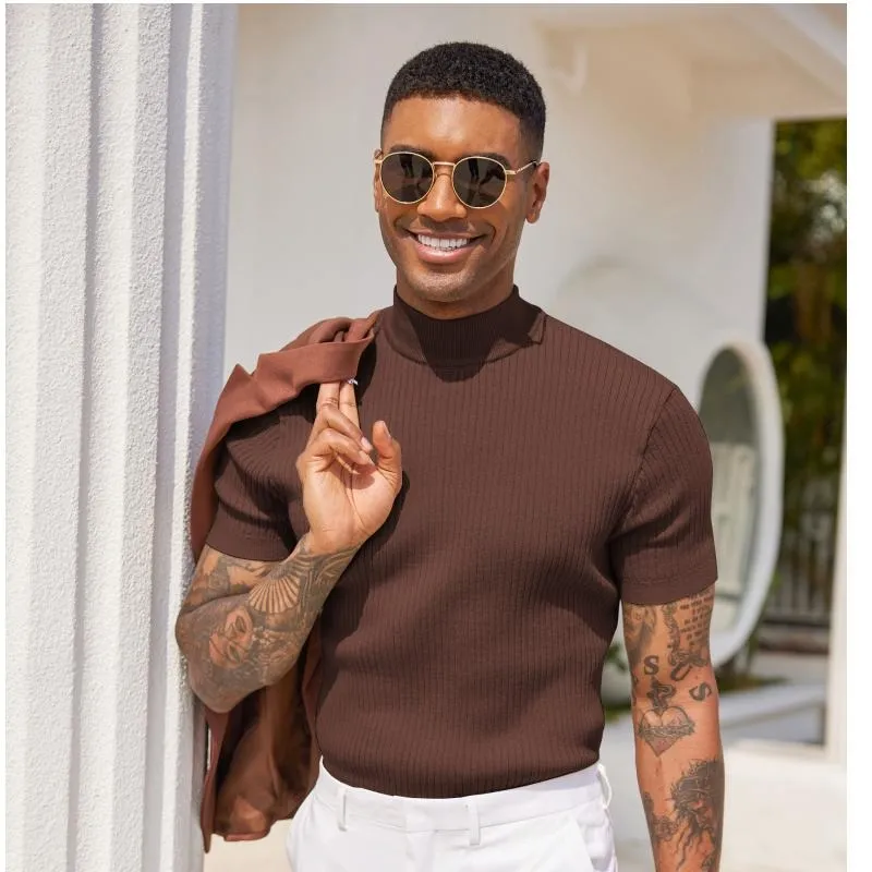 Men's Mock Turtleneck Sweater Short Sleeve Casual Basic Tops Ribbed Knit Pullover Solid Tee(100%Polyester)