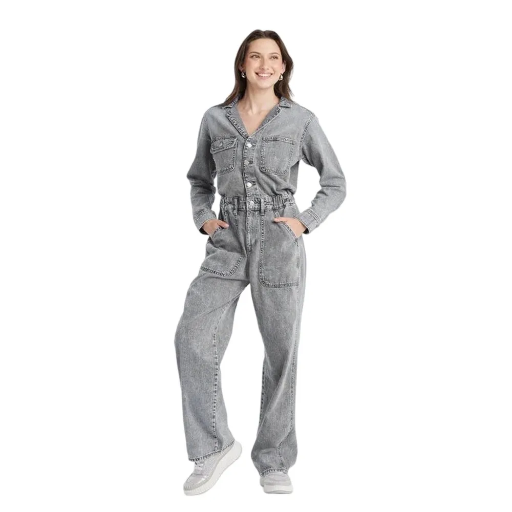 Women's Long-Sleeve Baggy Utility Denim Jumpsuit