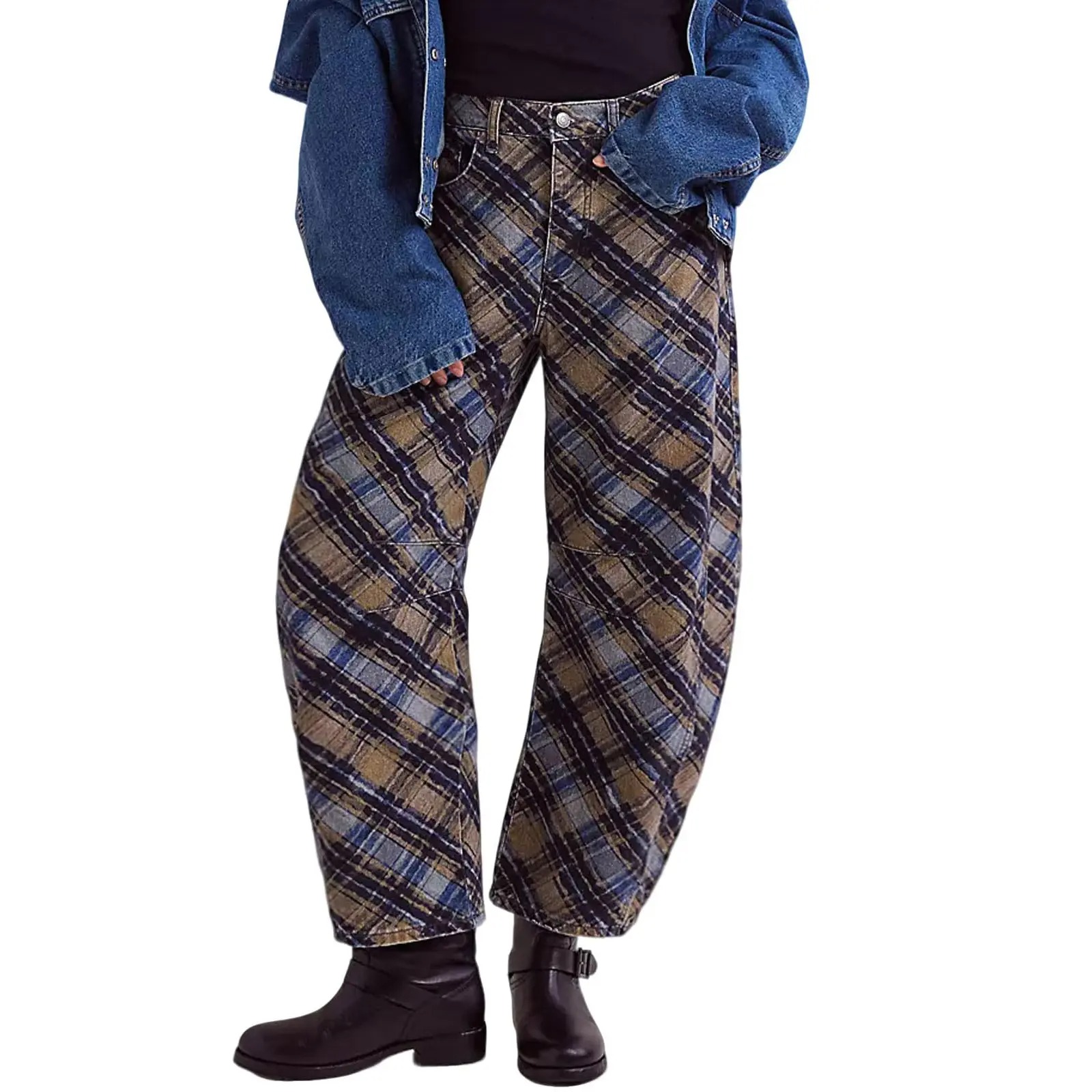 Women’s Printed Wide-Leg Denim Jeans – Y2K Loose Mid-Rise Boho Style