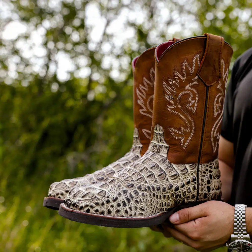 Desert Caiman Neck Leather Boots With Lightweight Soles - Square Toe