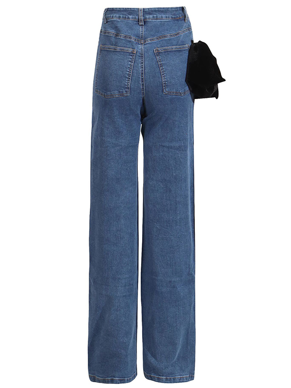 Buttoned Contrast Color Pockets Tied High Waisted Loose Jean Pants Bottoms