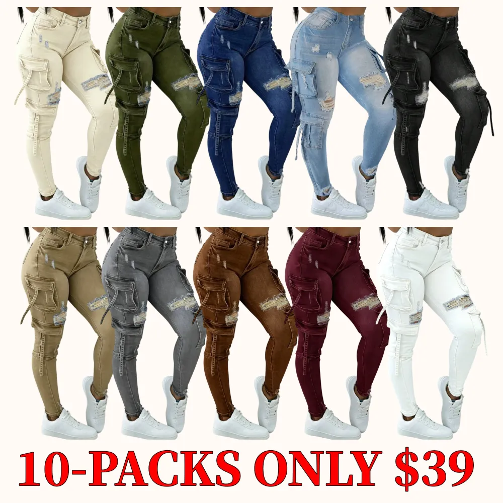 Women's street style multi-pocket short cargo stretch denim jeans